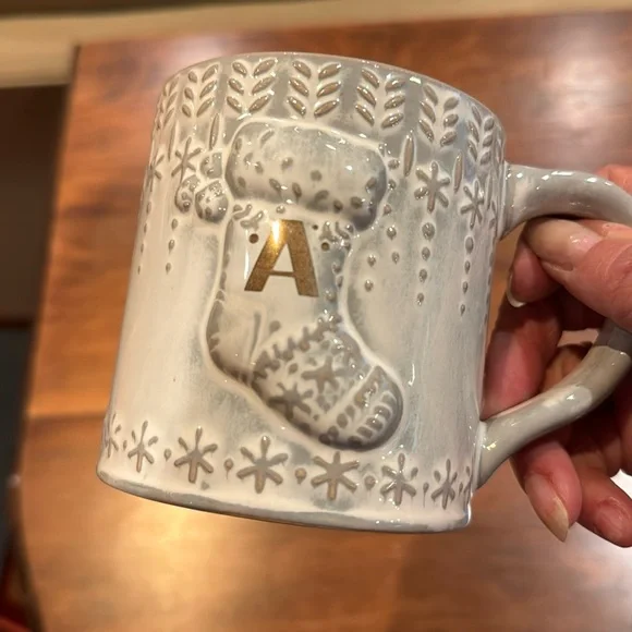NWOT! Anthropologie A Initial Stocking Mug Winter Holiday Christmas Snowflake - Picture 5 of 11